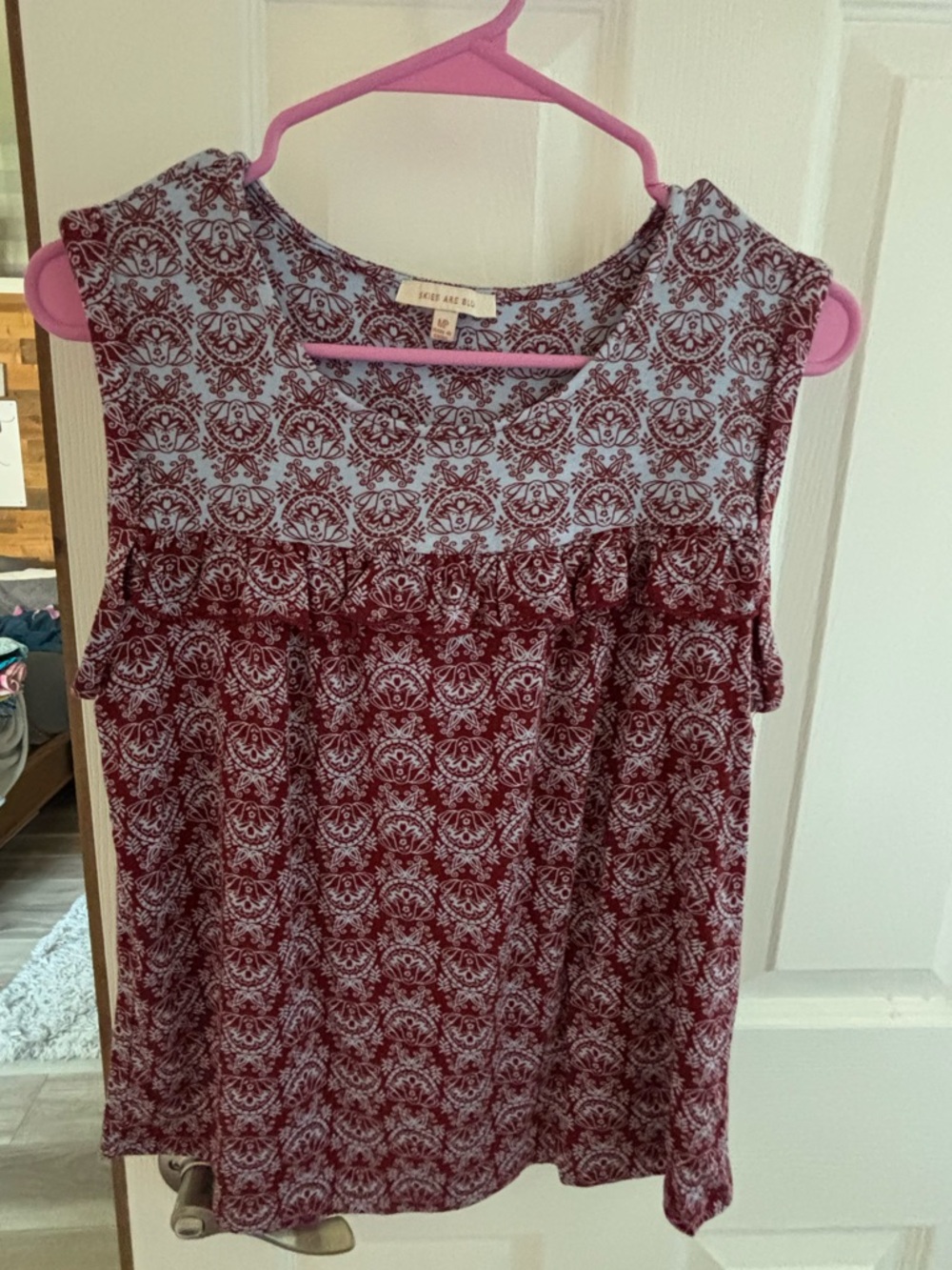 Skies Are Blue Light Blue and Burgundy Printed Top